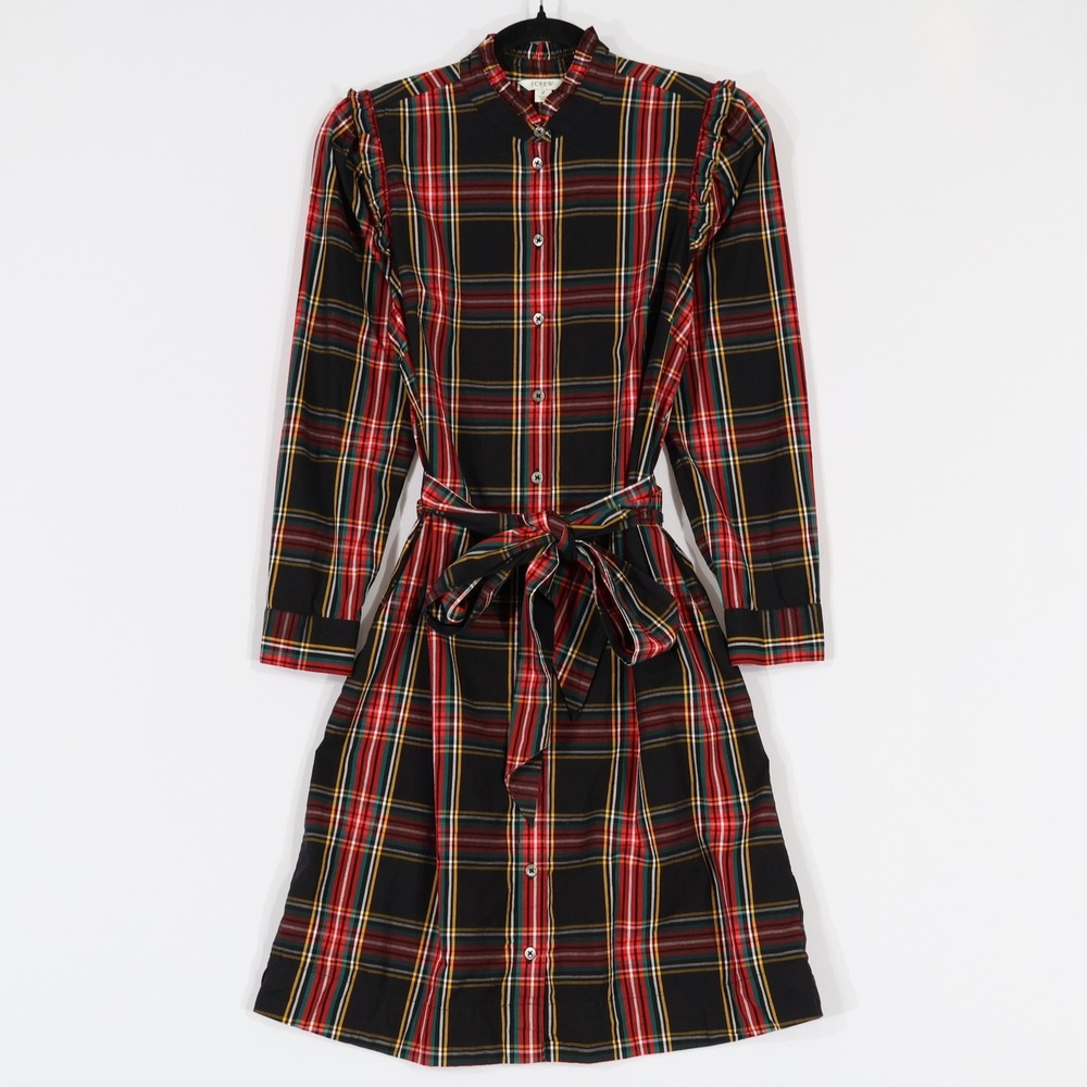 J.Crew Plaid Tie Waist Shirt Dress Womens 2 Black Multi Ruffle Trim Holiday Twee